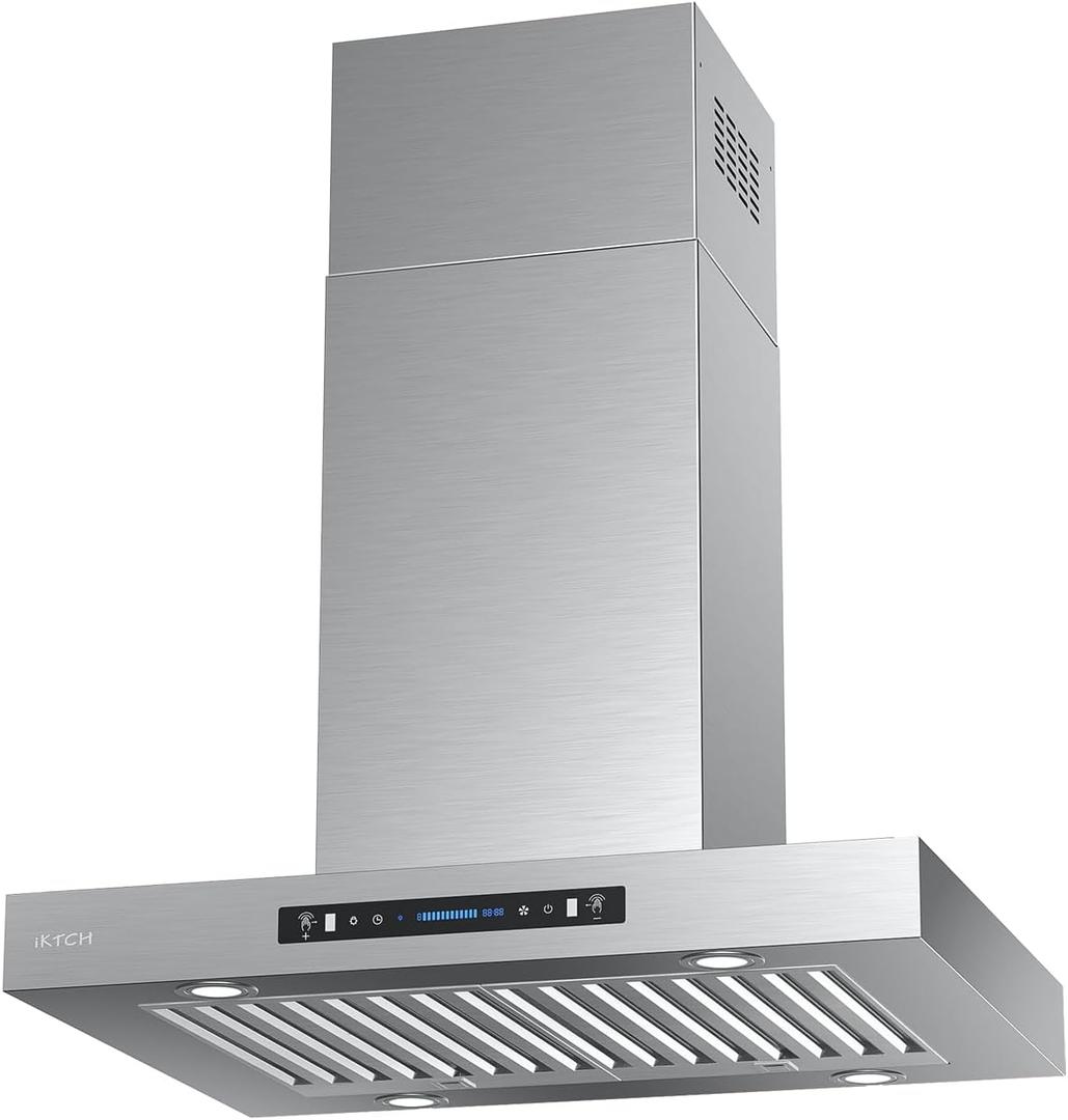 IKTCH Upgrated 30 inch Island Mount Range Hood, 900 CFM Ducted Range Hood with 4 Speed Fan, Stainless Steel with Gesture Sensing & Touch Control Making life Smarter IKIS02-30