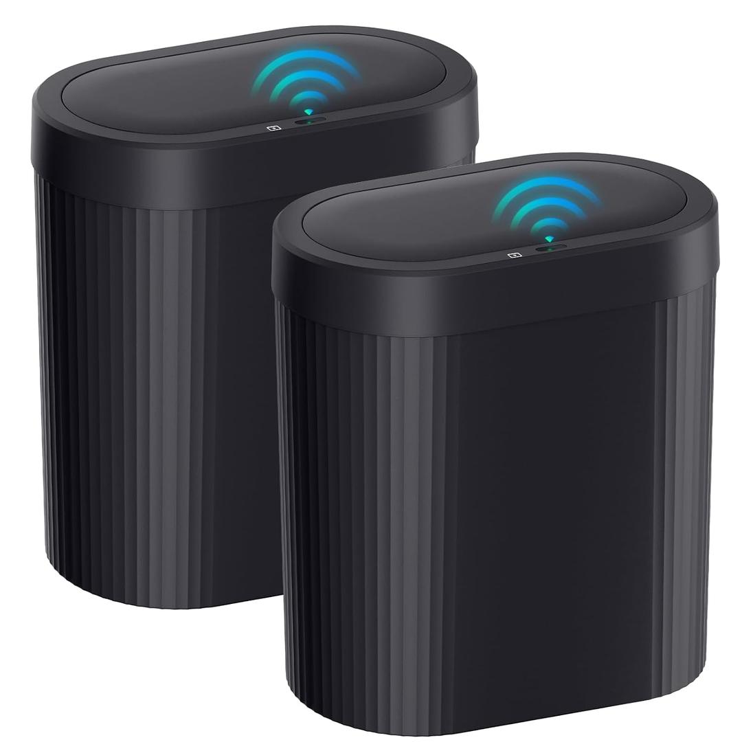 jinligogo 2 Pack 5 Gallon Bathroom Trash Can with Lid, Automatic Motion Sensor Black Trash Can, Touchless Slim Waterproof Garbage Bin for Kitchen, Bedroom, Office, and Bathroom