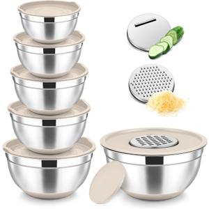 TeamFar Mixing Bowls, Stainless Steel Nesting Salad Bowl with Lids & 3 Graters, For Kitchen Cooking Serving Prepping, Airtight & Non-Slip, Size 4.6/3.5/2/1.5/1/0.7 QT, Set of 5 & Khaki