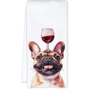 Funny French Bulldog Wine Kitchen Towels, French Bulldog Gifts for Women Men Dish Tea Towels, Dog Lovers Gifts Decorative Hand Towel for Bar Cart, 16x24 Inch