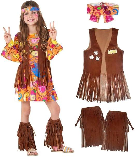Morph Girls Hippie Costume 70s Fancy Dress for Kids Halloween Costume, Retro Hippie Outfit for Girls Size M