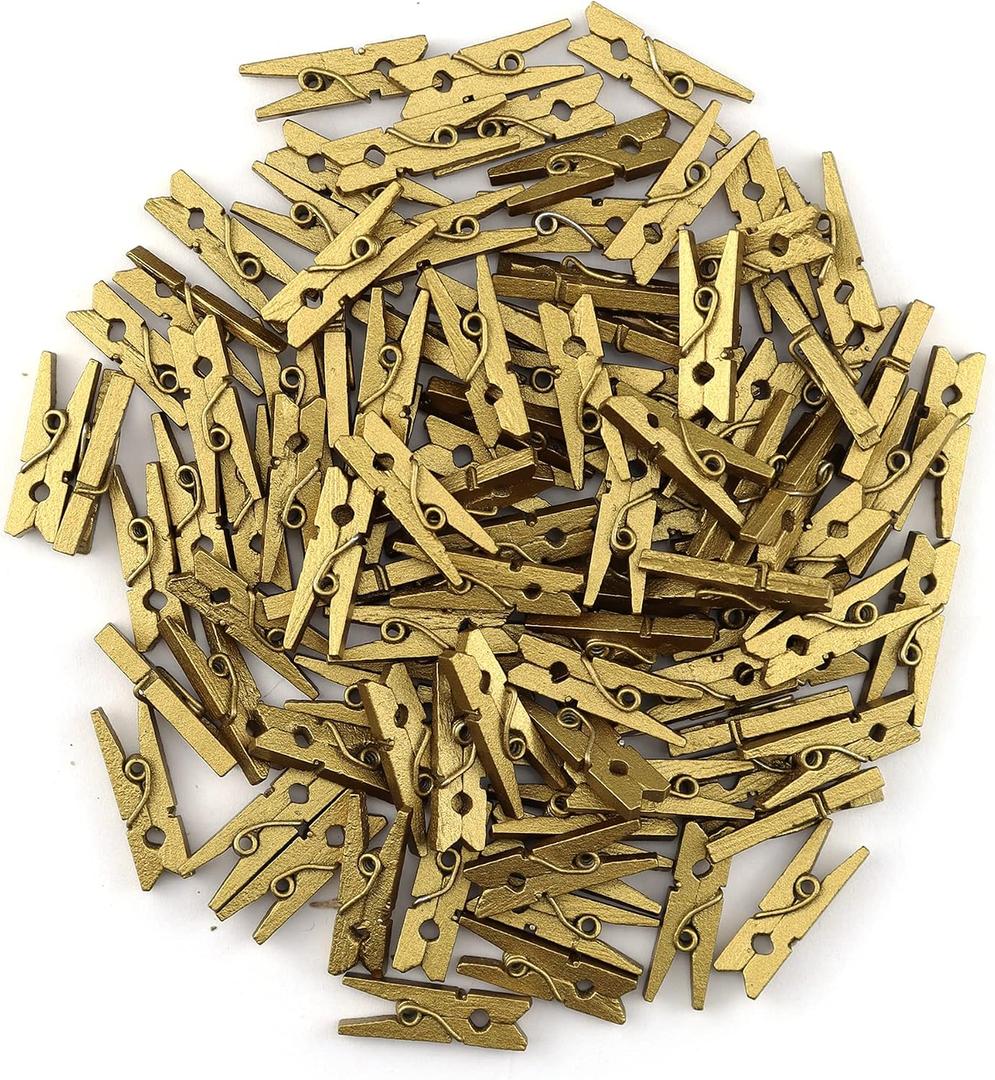 HEEHEE 100 PCS 1 Inch Gold Mini Clothespins Small Clothes Pin Natural Texture Wooden Clips for Food Package Clips Hanging Photo