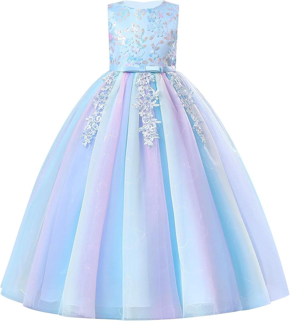 IDOPIP Sequin Flower Girl Lace Dress for Kids Wedding Pageant Party Formal Long Gown Princess First Communion Tulle Dresses (3-4 Years)