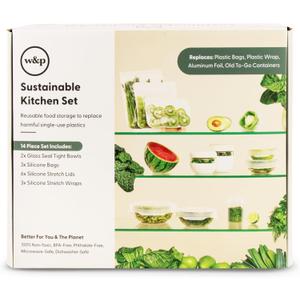 W&P Sustainable Kitchen Set, 14 Pieces (Seal Tight Bowls, Silicone Bags, Stretch Lids & Stretch Wrap) Non-Toxic, Microwave-Safe, Dishwasher-Safe (Cream)