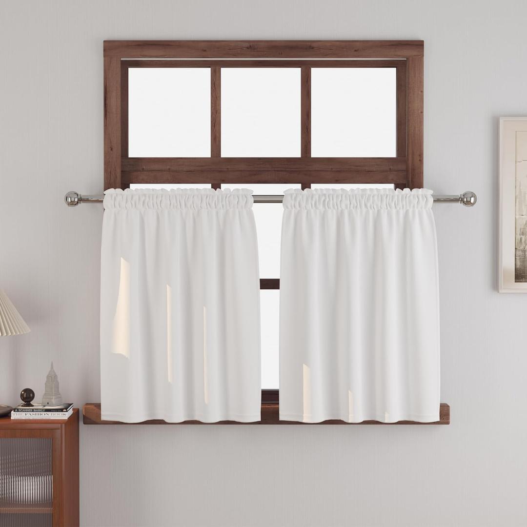 White Small Tiers 2 Pack Faux Linen Textured Kitchen Short Small Mini Window Curtains Valance 24 inches Length Privacy Home Decor Classic Cafe Basement Living Room/Bedroom 34W by 24L Rod Pocket