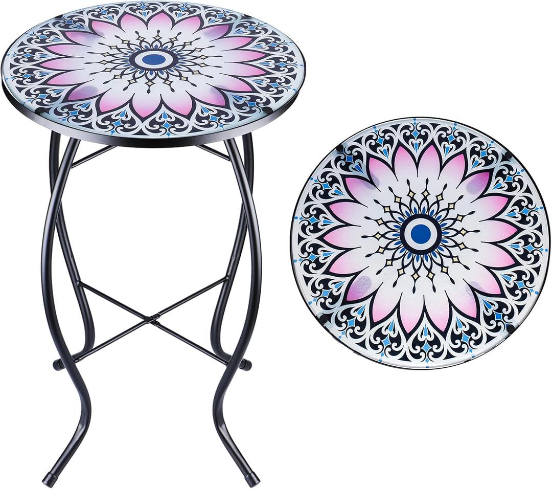 VCUTEKA Outdoor Side Table Mosaic End Table Patio Side Table Small End Table Glass Top Round Balcony Coffee Table Porch Indoor Glass Top Flower 14''