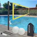 Base Free Swimming Pool Volleyball Net Set for Above Ground/Inground Pools with 3-Height Adjustable Aluminium Poles, Durable Anti-Sagging Net, 2 Water Volleyballs and Carry Bag (Yellow)
