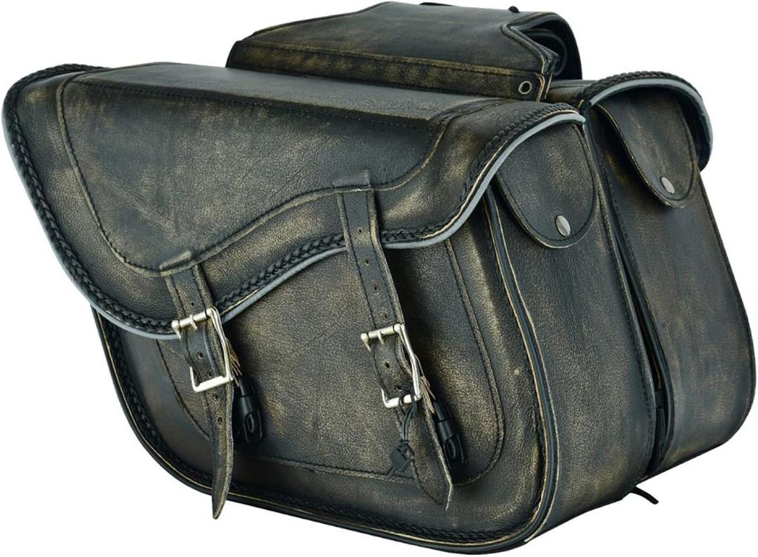 Dream Apparel Naked Cowhide Leather Motorcycle Saddle Bags Throw Over Saddlebags, Motorcycle Side Bags for Honda Shadow Sportster Softail Dyna V-star (Distressed Brown, No Studs), Capacity: 13L * 2