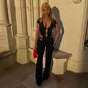 Molilove Women's Sexy Jumpsuits Short Sleeve Hollow Out Flare Pants Rompers Sexy One Piece Outfits Going Out (Black, M)