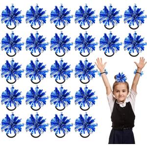 Shappy 24 Pcs 2 Color Metallic Pom Poms for Cheerleading 4 Inch Elastic Cheering Ponytail Holder Cheer Hair Ropes Party Costume Cheer Gifts Bulk for Team Holiday Celebration Volleyball Game (Blue)