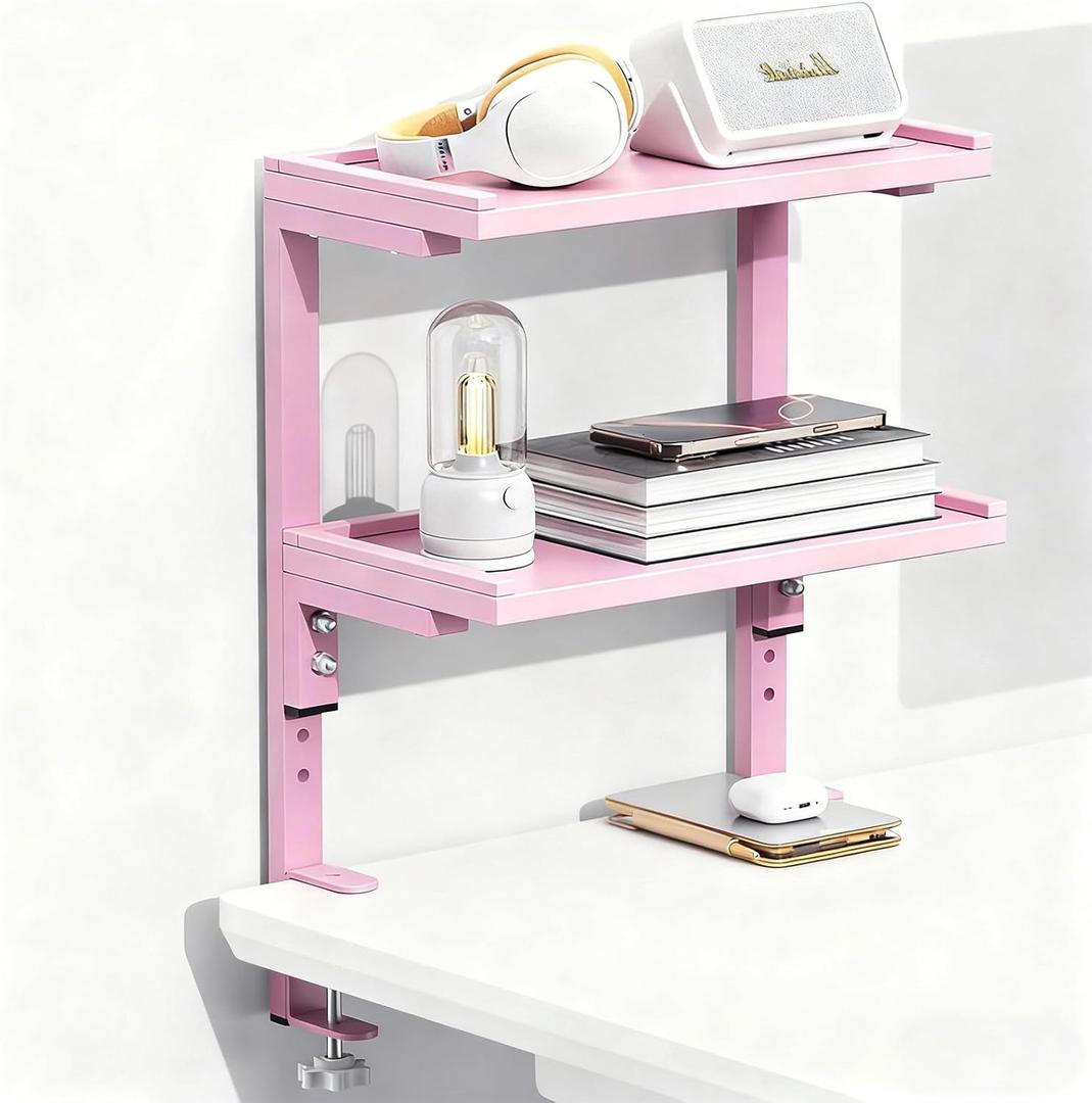Spacrea clamp on Desk Shelf, 2 Tier Office Desk Shelves Organizer, Wood Desktop Supplies Storage Rack, Desk Organizers and Accessories (Pink)