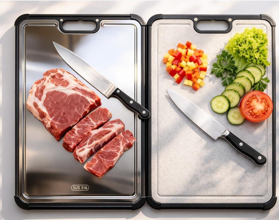 Premium 316 Stainless Steel Cutting Board for Kitchen Double Sided,& BPA-Free Chopping Board with Food-Grade Steel &Eco-Friendly Wheat Straw PP,for Meat & Vegetables Healthy Cutting boards Non Toxic