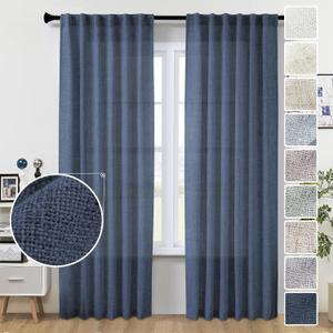 Navy Blue Linen Curtains 96 Inches Long 2 Panel Set Midnight Blue Light Filtering Privacy Semi Sheer Curtain Panels Modern Farmhouse Window Drapes for Living Room Bedroom Indigo, 8FT, 50"W x 96"L