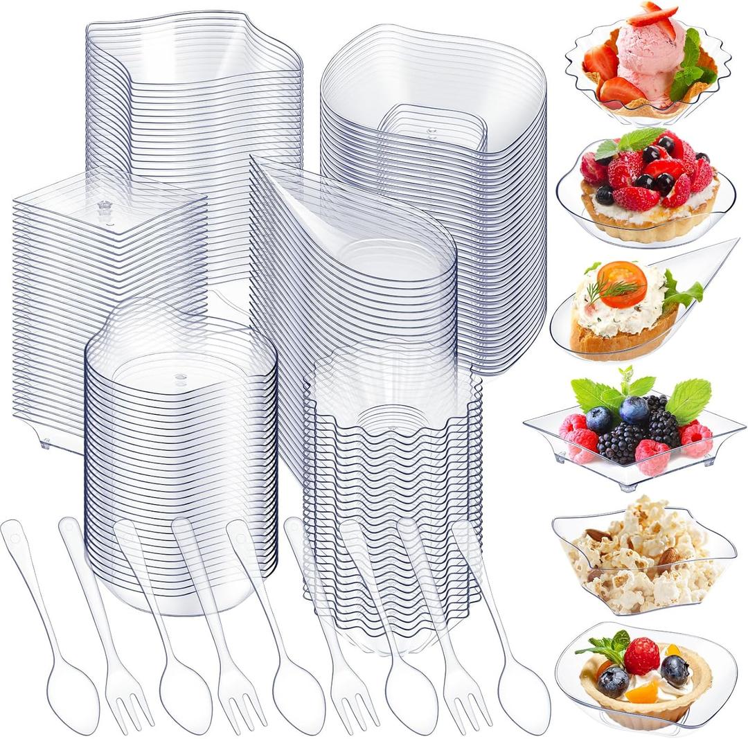 Tessco for you 600 Pcs Mini Appetizer Plates Set Including 6 Shapes Disposable Mini Dessert Cups, Spoons and Forks for Party Wedding Pudding Ice Cream (Clear)