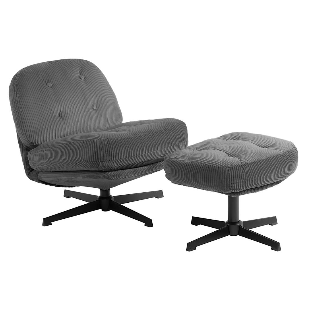 HollyHOME Modern 360°Swivel Accent Chair with Ottoman, Upholstered Comfy Reading Chair and Footstool, Fabric Lazy Chair with Soft Cushion, Lounge Sofa Chair for Living Room, Bedroom, Dark Grey