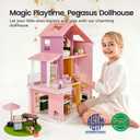 Tiny Land Wooden Doll House, Modern Family Dollhouse with Realistic Design, 7 Rooms Dollhouse with 49 PCS Accessories, Montessori Pretend Play Toddler Toy, Ideal Gift for Kids Ages 3+, Pink
