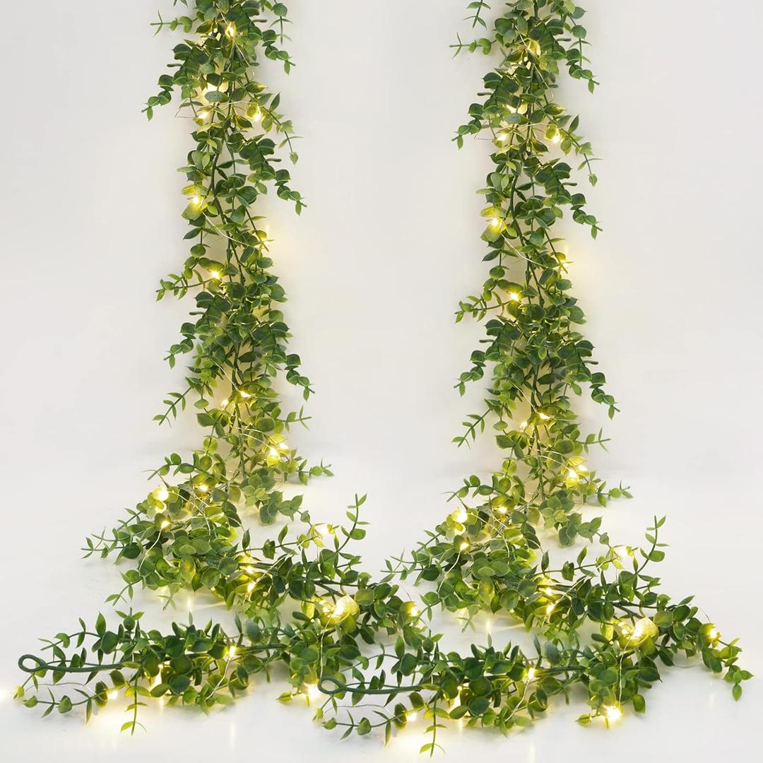 Dolicer 2 Packs Eucalyptus Garland with LED Lights String, 12Ft Faux Eucalyptus Greenery Garland, Artificial Hanging Green Eucalyptus Leaves Vine Wedding Backdrop Arch Wall Table Decor (Grey Green)