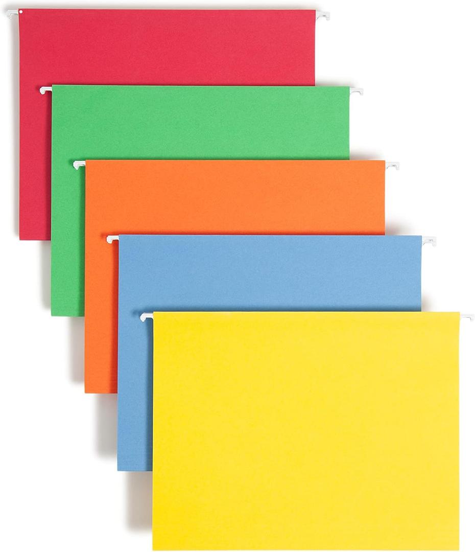 Smead Standard Hanging File Folders, 25 Count, Assorted Primaries, 1/5-Cut Adjustable Tabs, Letter Size (64059) (Assorted Primary Colors)