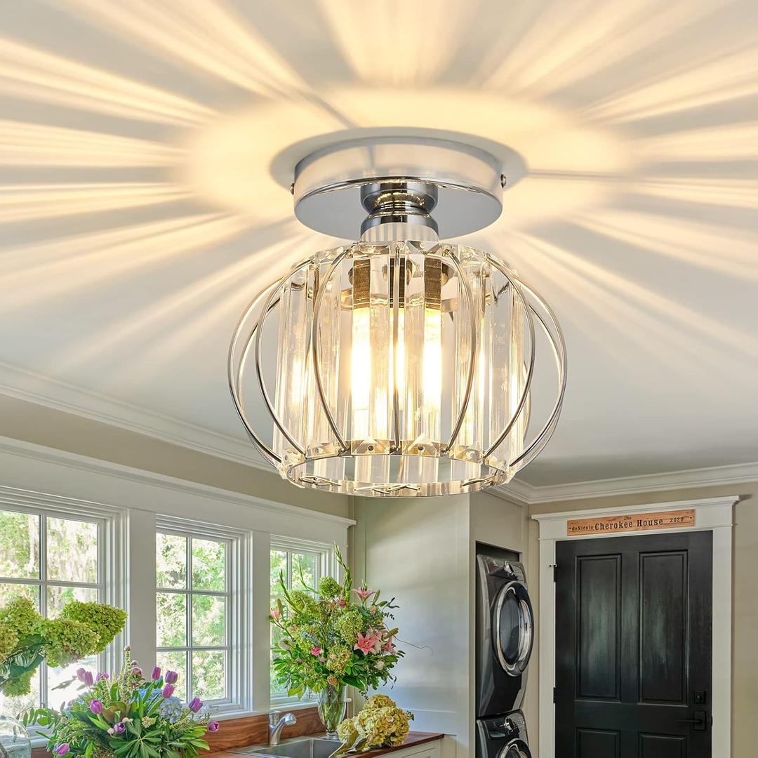 YYJLX Modern Semi Flush Mount Ceiling Light Fixture E26 Mini Crystal Chandelier Chrome Small Ceiling Lamp for Entryway Bedroom Bathroom Hallway Closet Foyer Silver