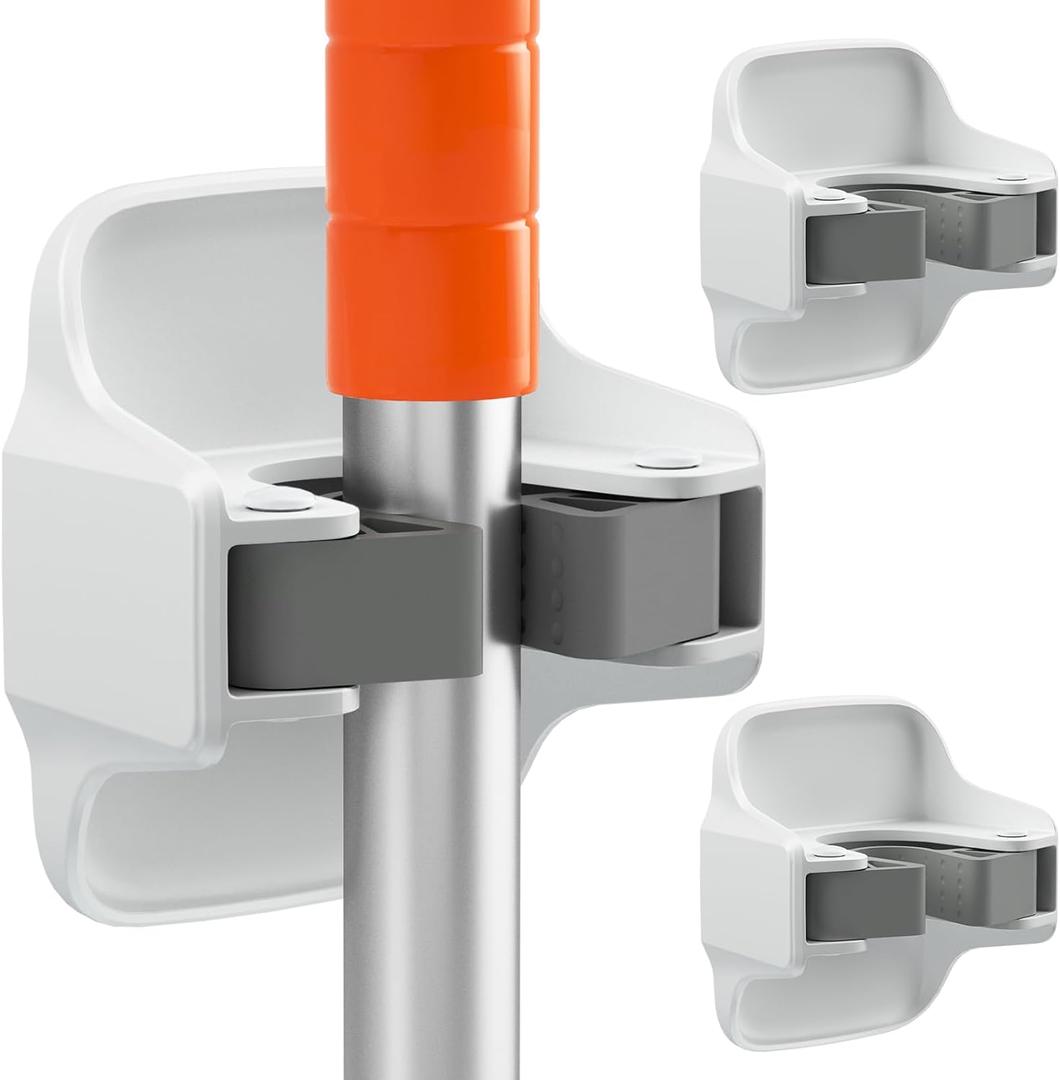 3 Pack Broom Holder Wall Mount Mop Grippers No Drilling Self Adhesive Anti-Slip Mop Handle Hanger Dustpan and Broom Organizer Garage Storage Racks-White