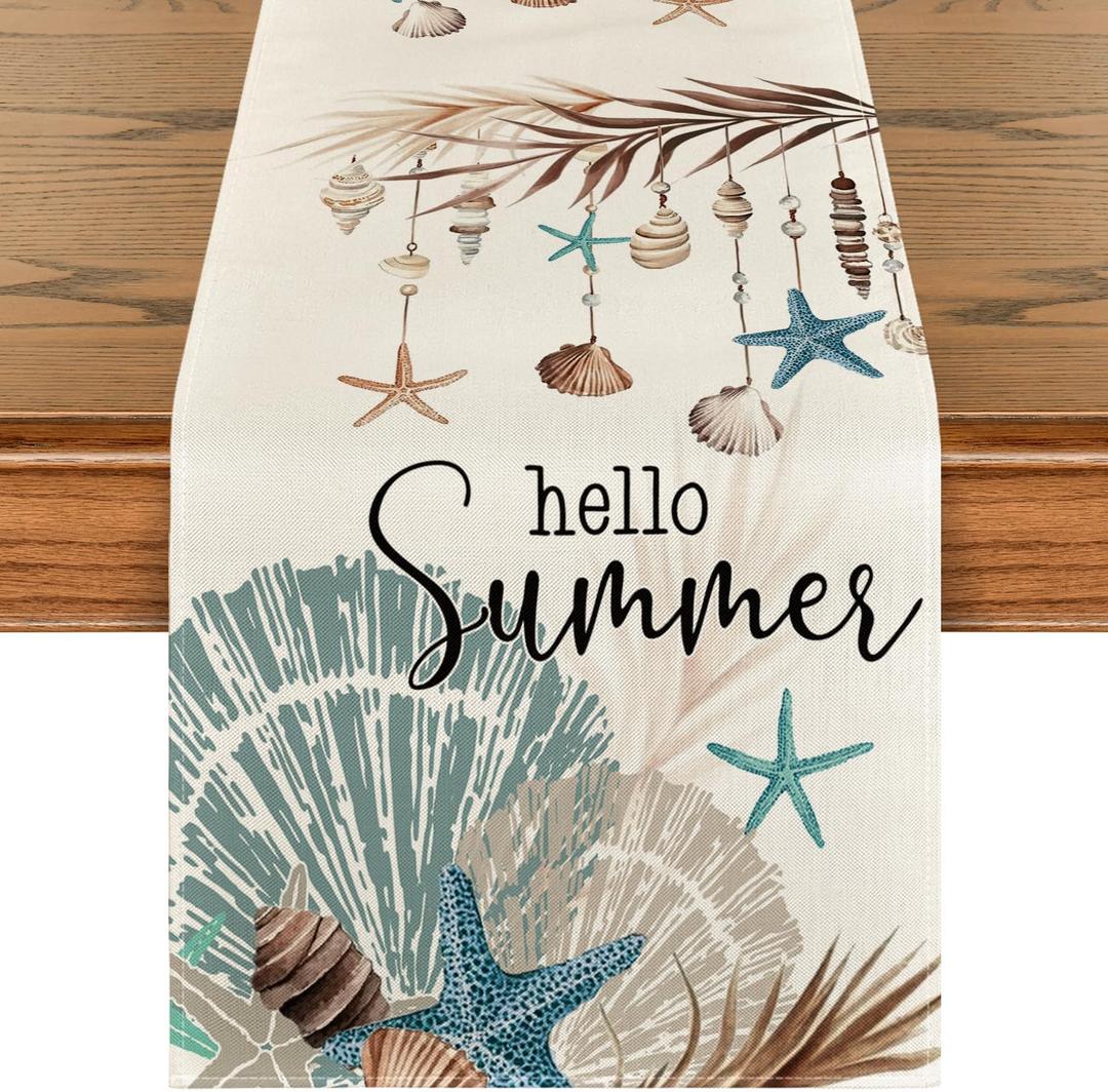Artoid Mode Conch Starfish Hello Summer Table Runner, Sea Shell Seasonal Kitchen Dining Table Decoration for Home Party Decor 13x72 Inch (Beige)