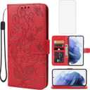 Case for Galaxy S21 5G Case, Samsung S21 SM-G991U Wallet Case with Tempered Glass Screen Protector, Flower Leather Flip Credit Card Holder Stand Phone Cover Cases for Samsung Galaxy S21 5G Red