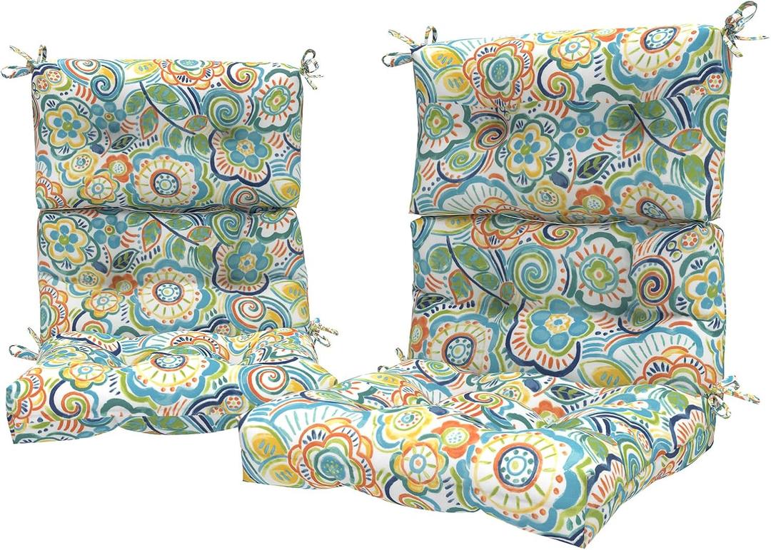 LVTXIII Outdoor Seat/Back Chair Cushion Patio Tufted High Back Cushion, Seasonal Replacement Rocking Chair Cushion with Ties (22 W x 20D, Set of 2, Flower Blue)