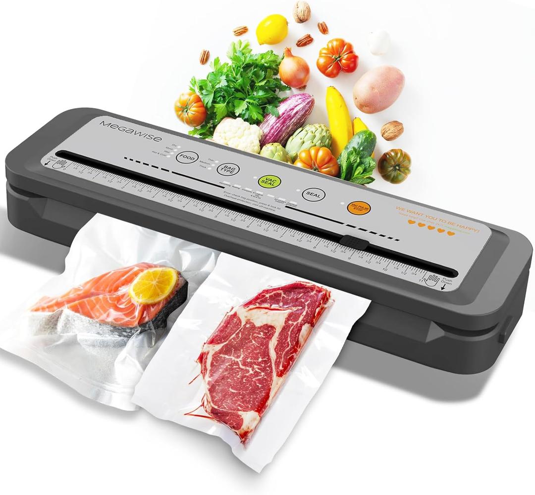 MegaWise Vacuum Sealer Machine  2023 New Version, 80kPa Suction Power, One-Touch Automatic Operation, Compact Design with Built-in Cutter, Includes Vacuum Bags, Ideal for Food Storage (Silver)