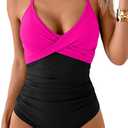 B2prity Women's One Piece Swimsuits Tummy Control Front Cross Bathing Suits Tie Back Slimming V Neck Swimwear (Hot Pink and Black)