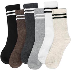 Justay 6 Pairs Striped Crew Socks - Cute Casual Long Athletic Running Tube Calf Cotton Socks for Women Gifts (Black Brown Apricot White Light Grey Dark Grey)