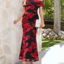 MEROKEETY Women's Spring Off Shoulder Floral Maxi Dress 2026 Summer Formal Beach Wedding Guest Cocktail Bodycon Dresses (Black, L)