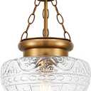 Vintage Pendant Light - Brushed Antique Brass Pendant Lights Kitchen Island with Floral Glass, Penant Lighting Fixtures with Adjustable Chain, Hanging Light Fixtures for Dining Room, Entryway, 9.45in