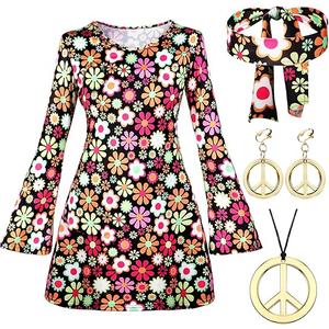 70s 80s Women Hippie Costume Set Disco Outfit Peace Sign Earring Necklace Headband Dress for Women Halloween Party XL