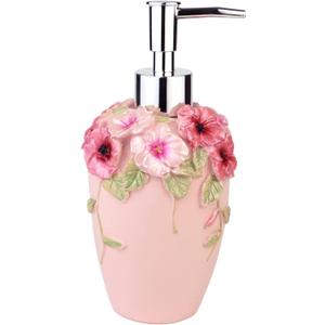 Flower Soap Dispenser with Luxury Vintage Decorative - Resin - Colorful Painted by Hand Lotion Dispenser for Bathroom, Kitchen Counter, Beauty Shop, Hotel (10 oz/300 ml, Pink)