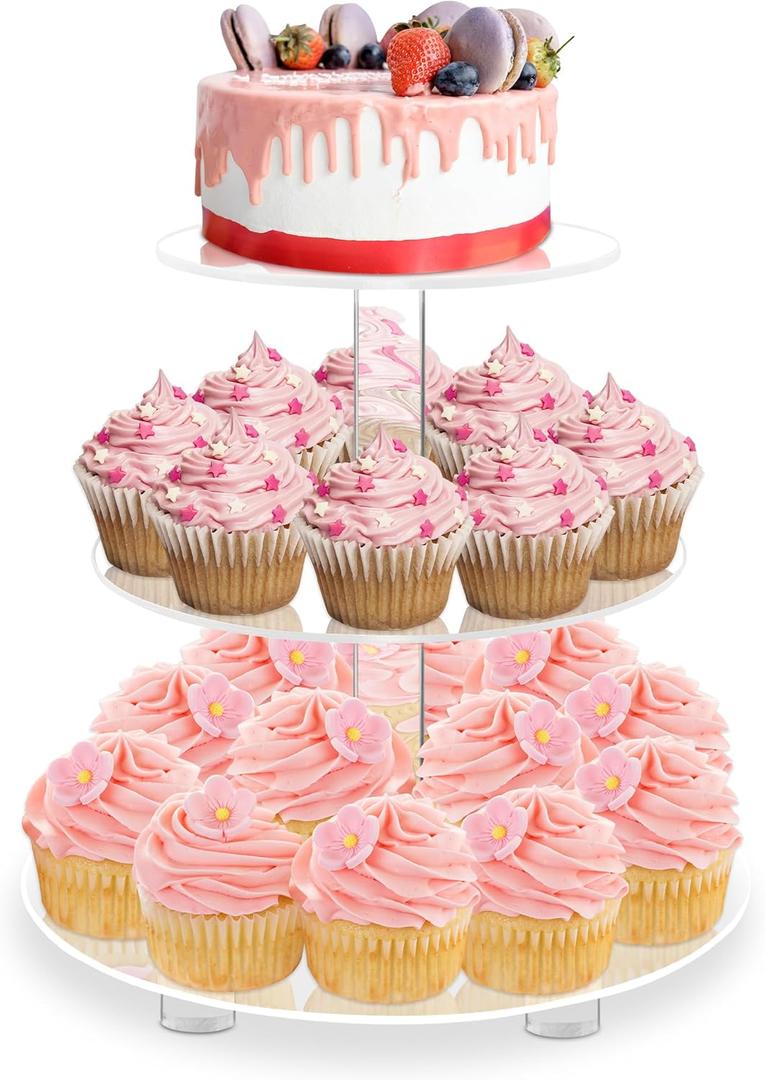 YestBuy 3 Tier Round Cupcake Stand with Base, Acrylic Cake Stand, Cupcake Tower Stand, Premium Cupcake Holder for 23 Cupcakes, Display for Pastry Wedding Birthday Party (4" Between 2 Layers)