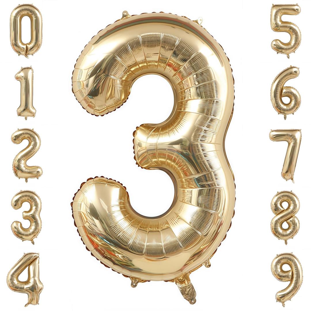 Champagne Gold 3 Balloon Number,40 Inch Light Gold 3 Balloons Big Foil Mylar Helium Number 3 Balloon for Birthday Party Anniversary Decorations