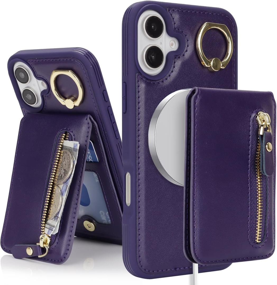 for iPhone 16 Plus Phone case with Card Holder with Compatible magsafe Magnetic, Key Chain PU Leather Flip Kickstand Detachable 2-in-1 Wallet case for Apple16Plus Women Men-Purple
