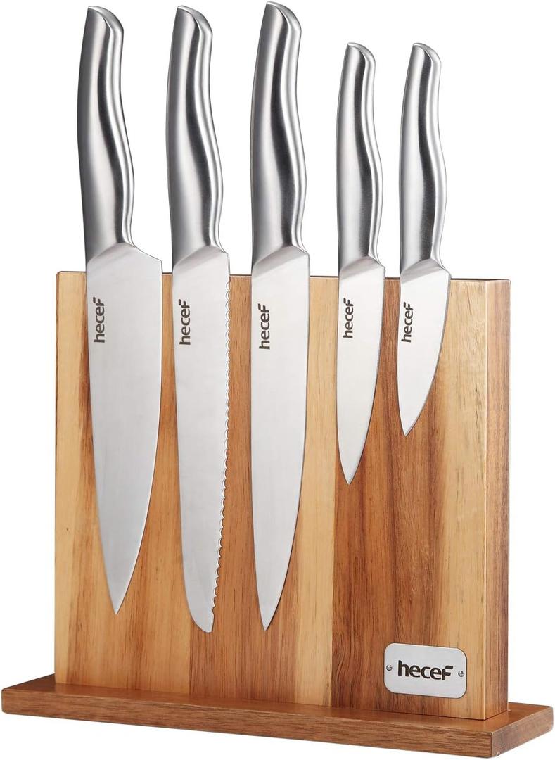 Hecef 6 Piece Kitchen Knife Block Set,All Metal Construction Hollow Handle Tapper Ground Knives Double Sided Magnet Wood Stand