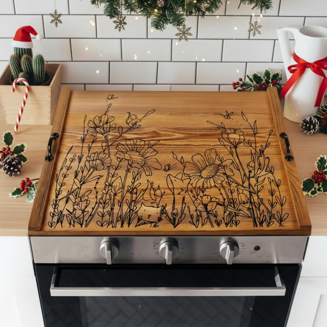 Wooden Noodle Board Stove Top Cover with Handles for Electric Stove 30" x 22" Pine Wooden Stoves Cover for Gas Burners Decorative Tray for Kitchen