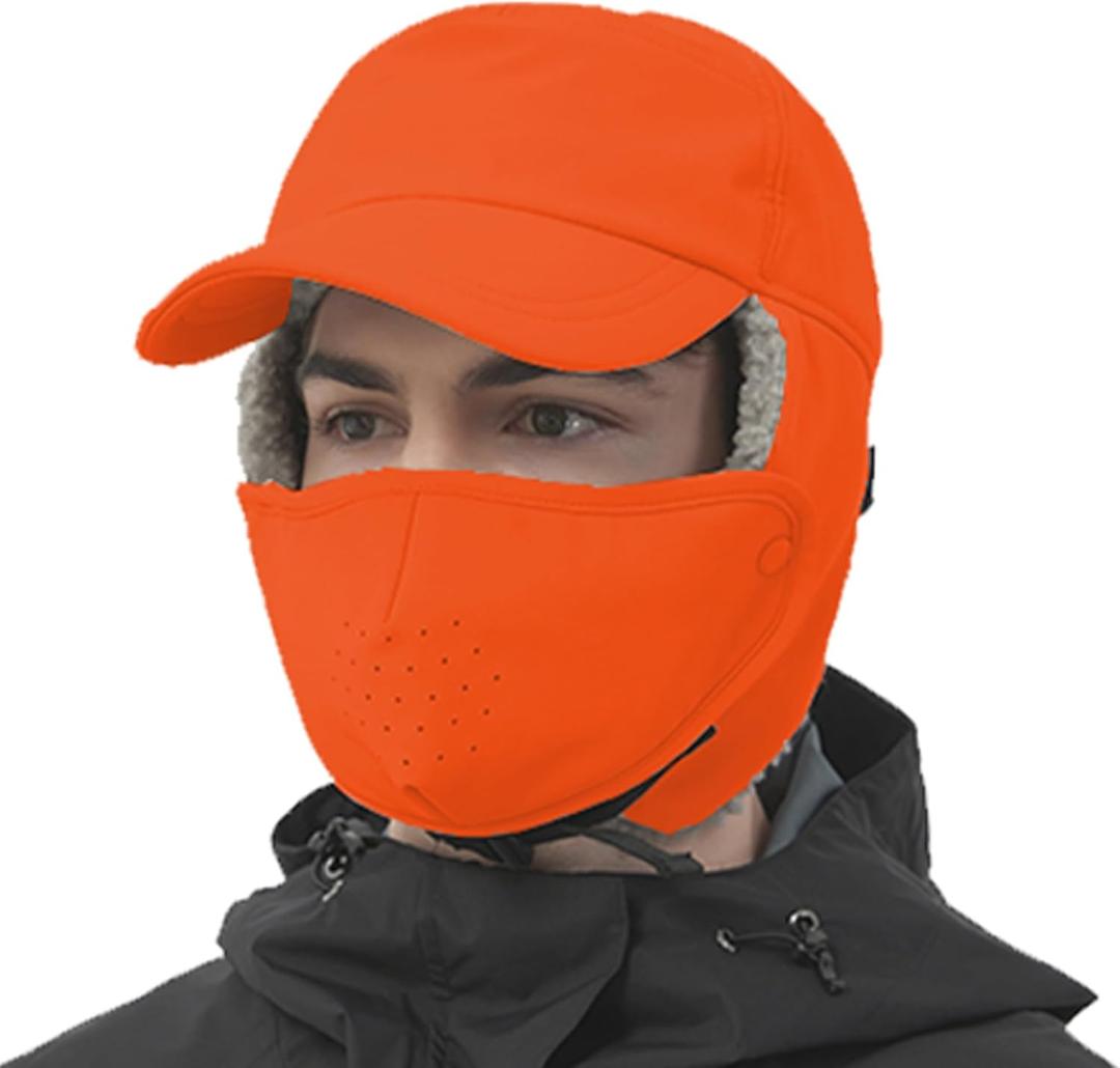 Trapper Hat for Men Women Waterproof Winter Warm Baseball Cap with Ear Flaps and Mask (Orange)
