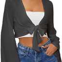 YYA Women's Lightweight Ribbed Cardigan Tie-Front Beach Cover Up with Long Sleeves for Summer Outfits Black XXL