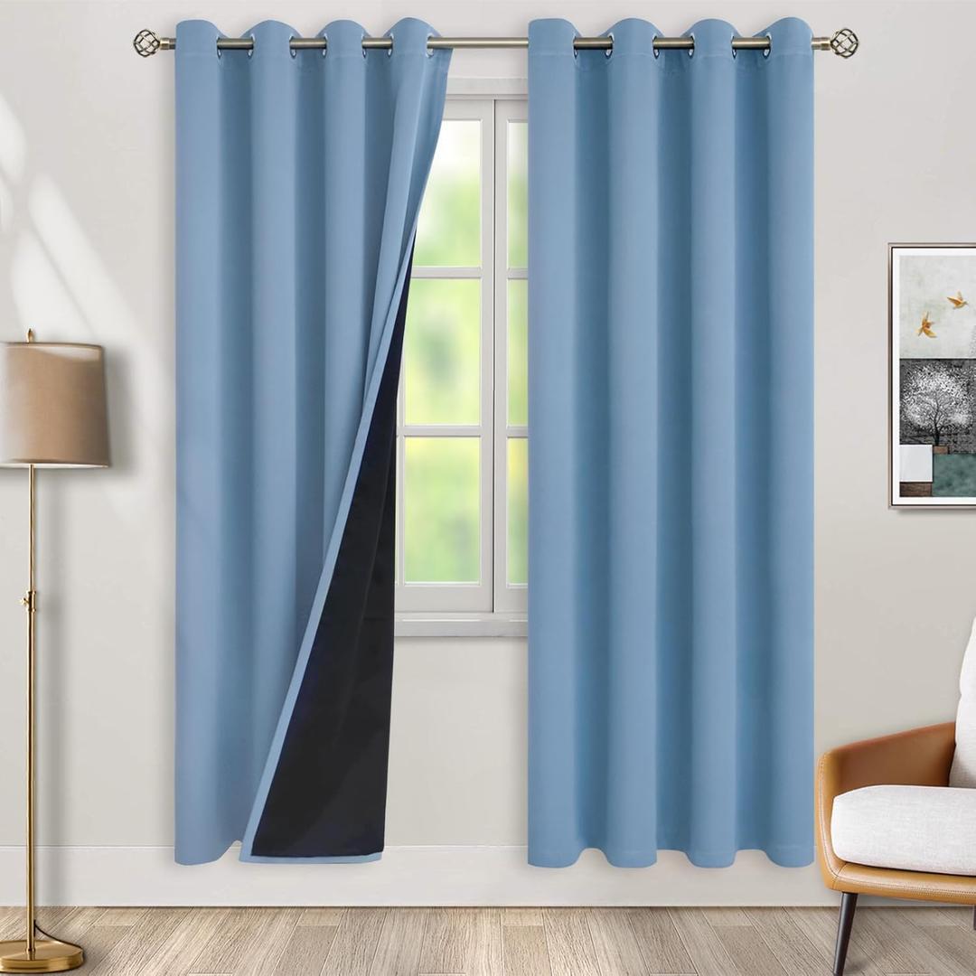 BGment Thermal Insulated 100% Blackout Curtains for Bedroom with Black Liner, Double Layer Full Room Darkening Noise Reducing Grommet Curtain (52 x 84 Inch, Denim Blue, 2 Panels)