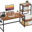 GreenForest Computer Desk 58 inch with Printer Shelf, Reversible Office Desk with Monitor Stand and 2 Hooks, Home Workstation for Study Writing Working Gaming, Brown (57.9 x 18.9 inch)
