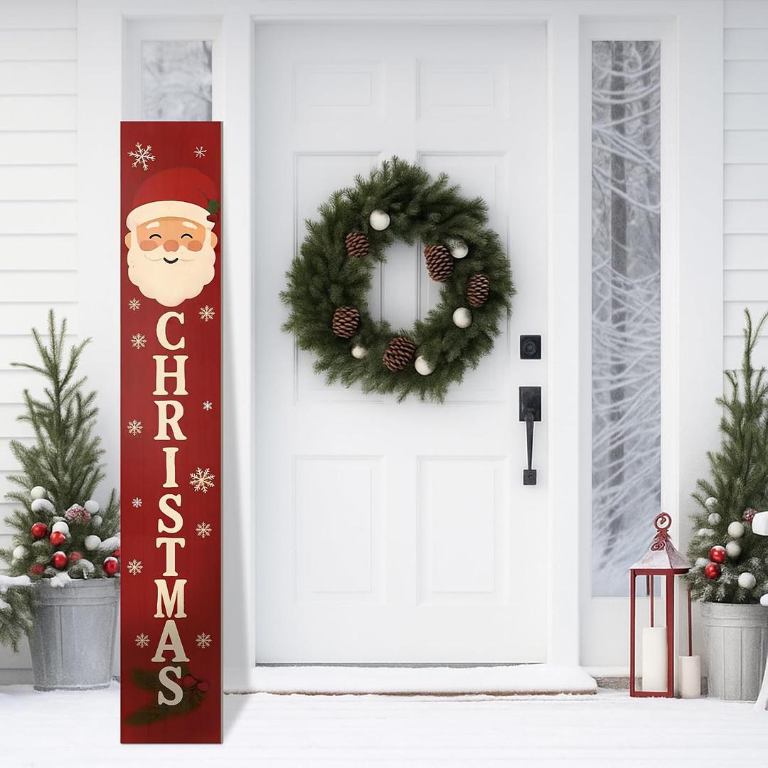 Threehoney Christmas Welcome Porch Sign 47"H Santa Wooden Hanging Sign Plaques Holiday Decoration for Xmas Front Door Farmhouse Outdoor Indoor Wall Craft Decor