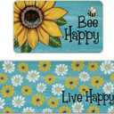 Spring Summer Flower Bee Happy Kitchen Rugs Set of 2, Live Happy Sunflower Floral Blue Kitchen Mats Decor, Seasonal Floor Door Mat Home Decorations -17x29 and 17x47 Inch