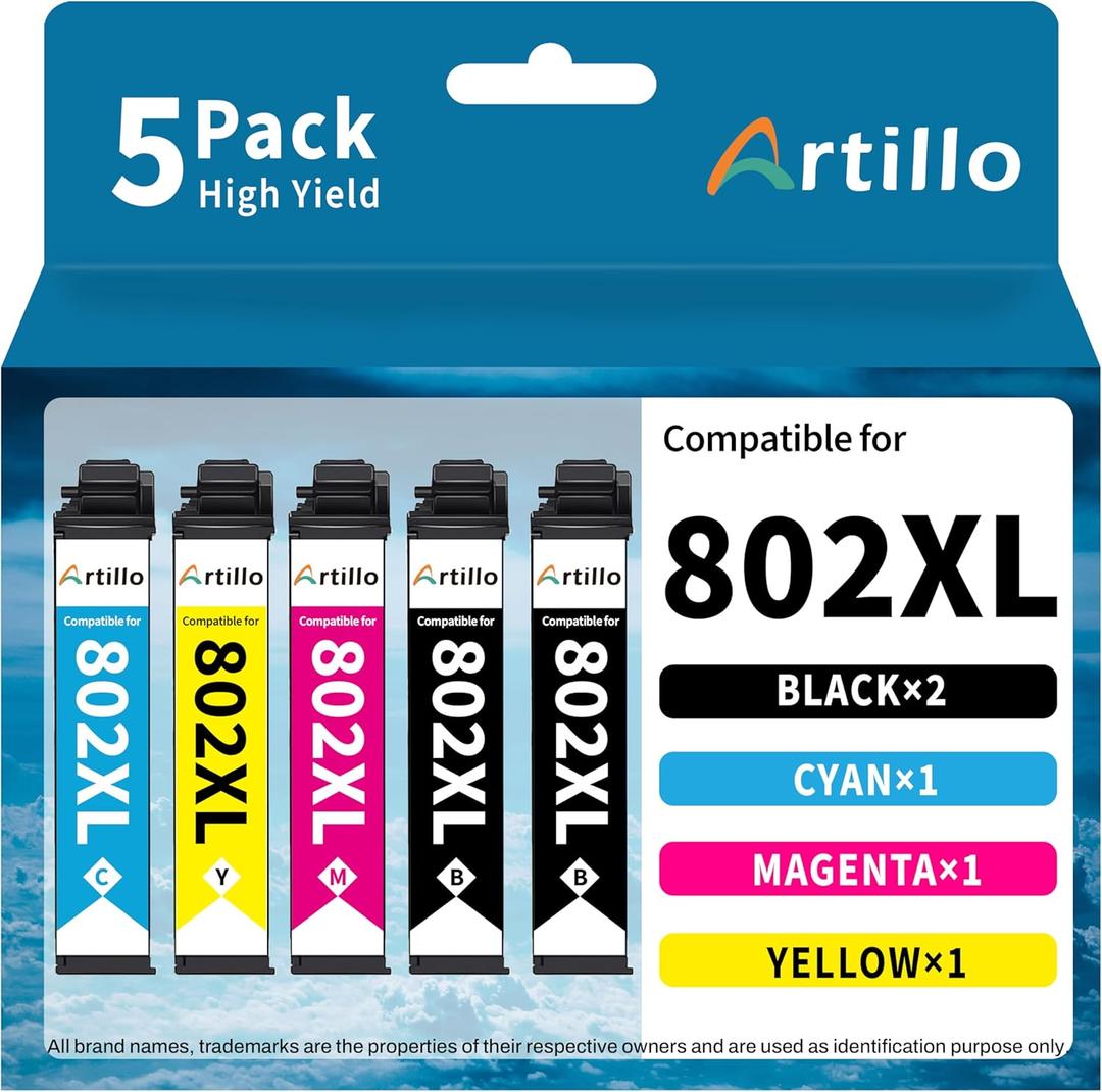 Remanufactured Ink Cartridges Replacement for Epson 802XL T802 T802XL Ink Cartridges Combo Pack for Workforce Pro WF-4720 WF-4730 WF-4734 WF-4740 EC-4040 EC-4030 EC-4020 Printer (5 Pack) (802XL, 2Black, Cyan, Magenta, Yellow)