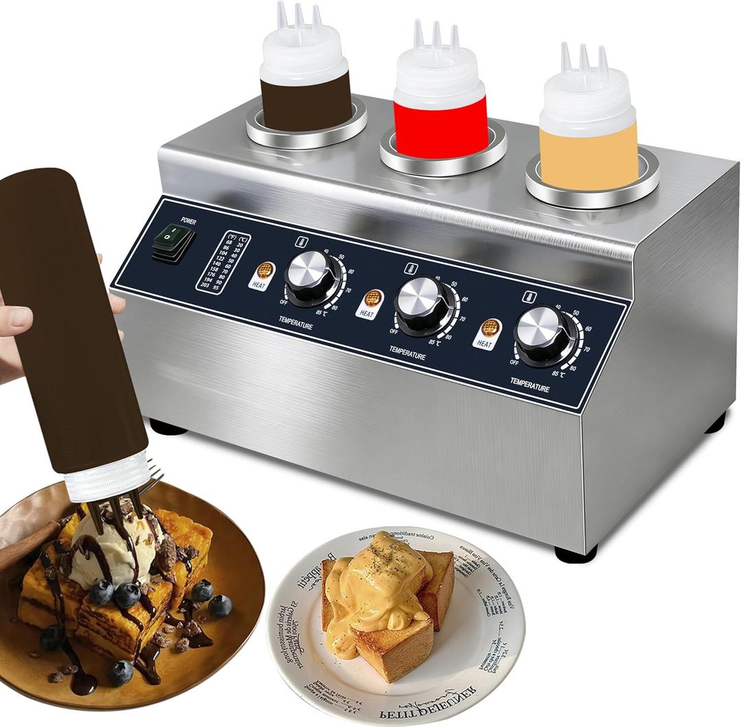 Premium Sauce Warmer - 3-Station 160W Commercial-Grade Condiment Warmer with Independent Temperature Control, Stainless Steel
