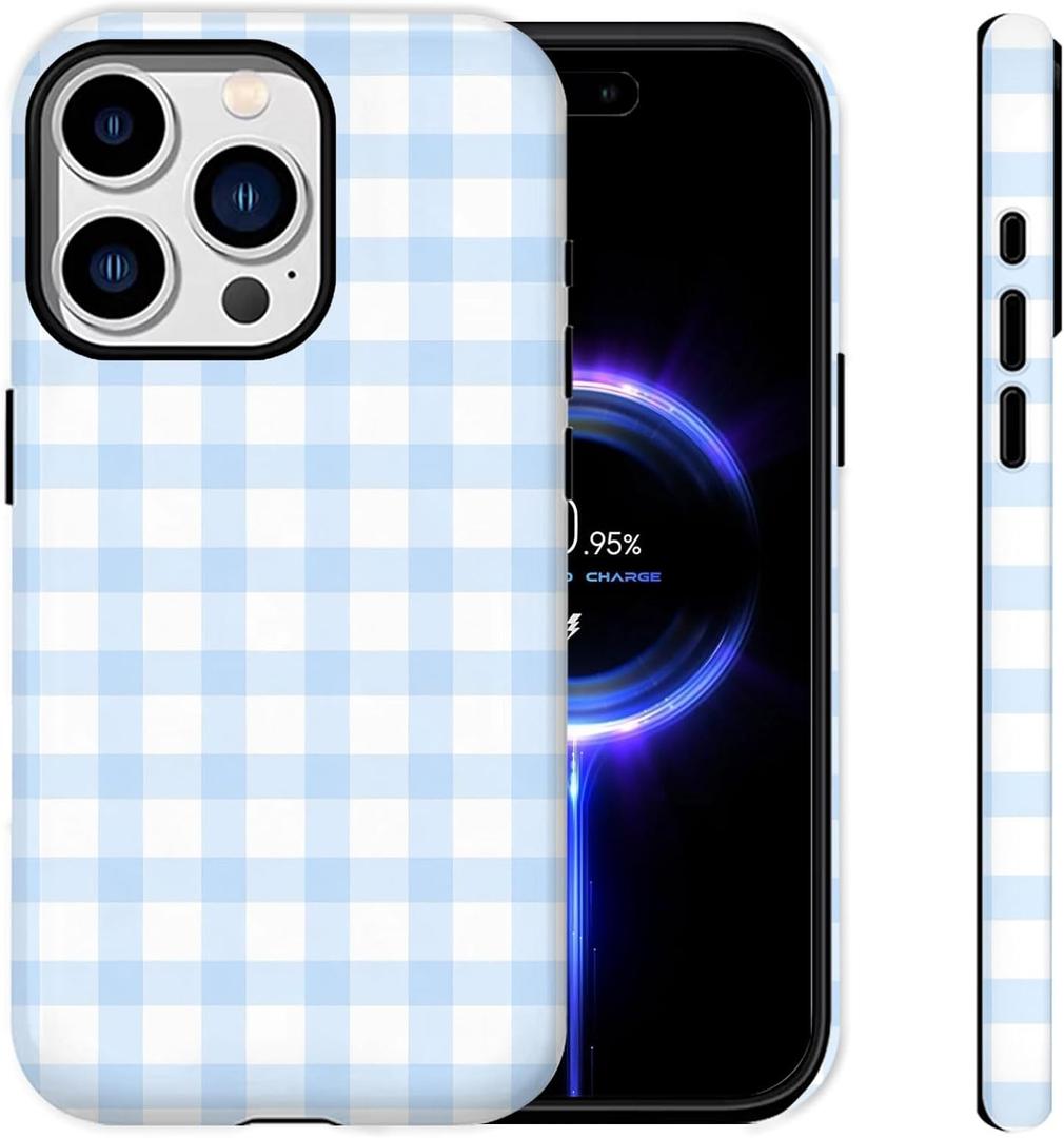 for iPhone 15 Pro Case [Compatible with MagSafe] 2-Layer Hard Shell Glossy Rugge Shockproof Protection Phone Case, Blue Checkered Checkerboard