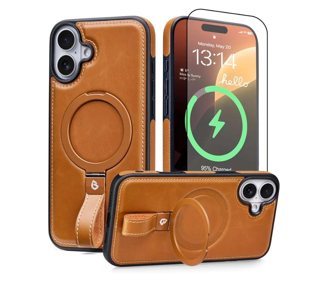 iPhone 17 Leather Case with Stand, Anti-Slip Grip Ring, Fits for MagSafe (Brown, IP17-6.3inch)
