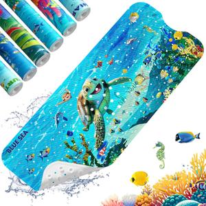 XIYUNTE Baby Bath Mat for Tub Non Slip Kids Bath Mat - 40''x16'' Extra Long Cartoon Bathtub Mat Non Slip Kids Shower Mat Eco-Friendly Toddler Bath Mats with Suction Cups, Machine Washable (C-blue Sea)